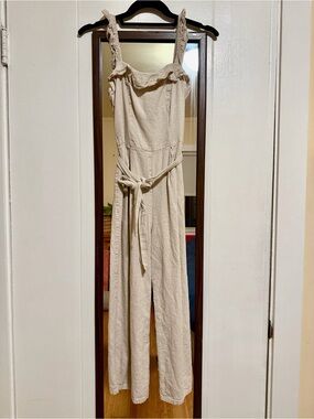 Kingston Grey Cream Textured Tie-Waist Jumpsuit with Ruffle Straps XS